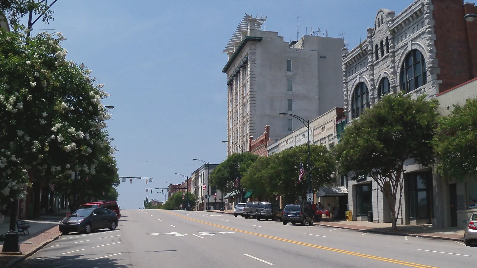 A wide street in downtown Salisbury, North Carolina, lined with historic brick and stone buildings, a tall white hotel block and flowering crape myrtles under a blue sky